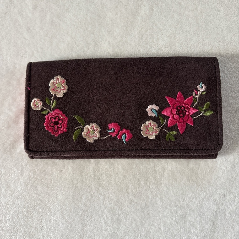 Lilu Embroidered Brown Floral Flip Over Wallet